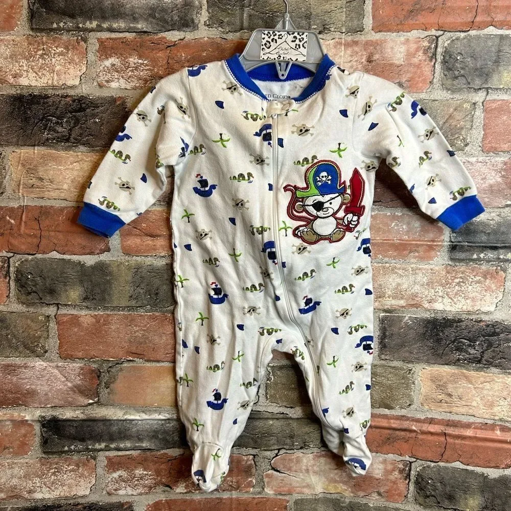5 for $25🔥3-6M Baby Boys Faded Glory Monkey Pirate Foot Sleeper Bodysuit‎